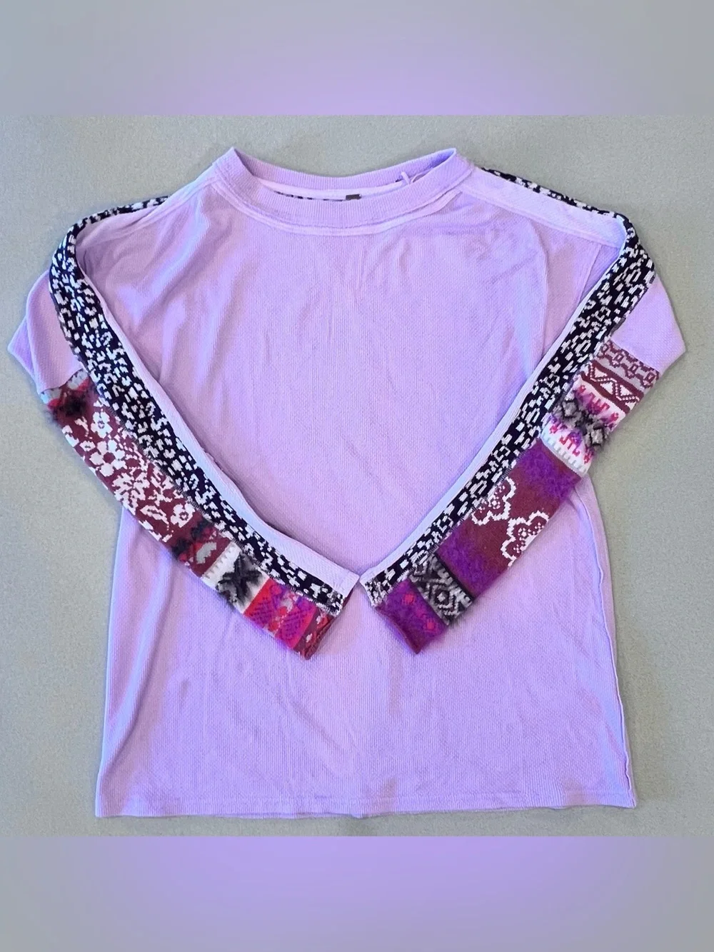 Free People Petal Lilac On My Way Thermal Top Patterned Sleeve Medium